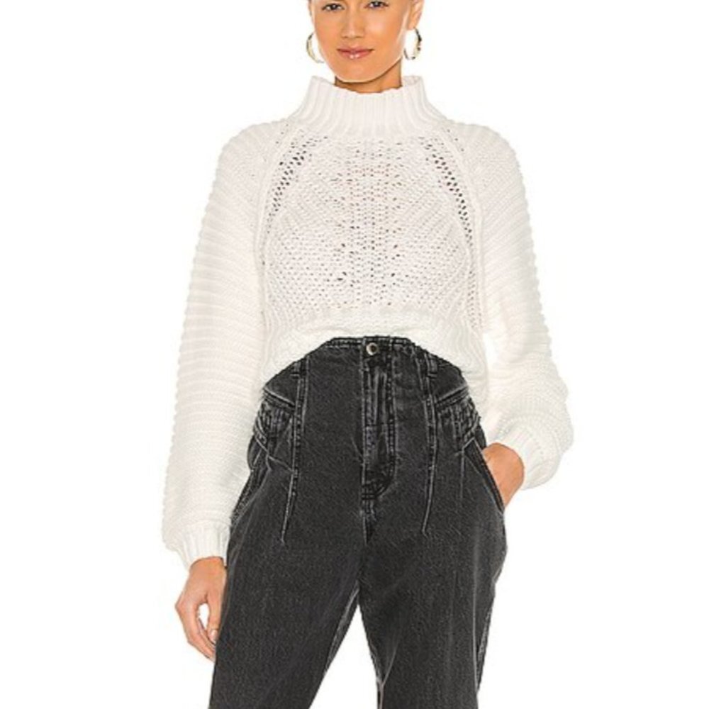 Free People White Cropped Chunky Knit Turtleneck Sweater